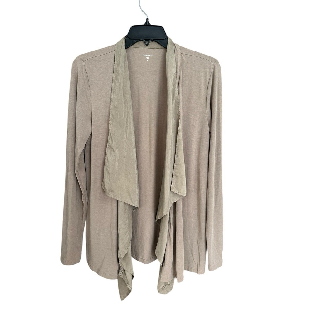 Garnet Hill Cotton Silk Waterfall Cardigan Small Long Sleeve Tan Relaxed #YZ1-5